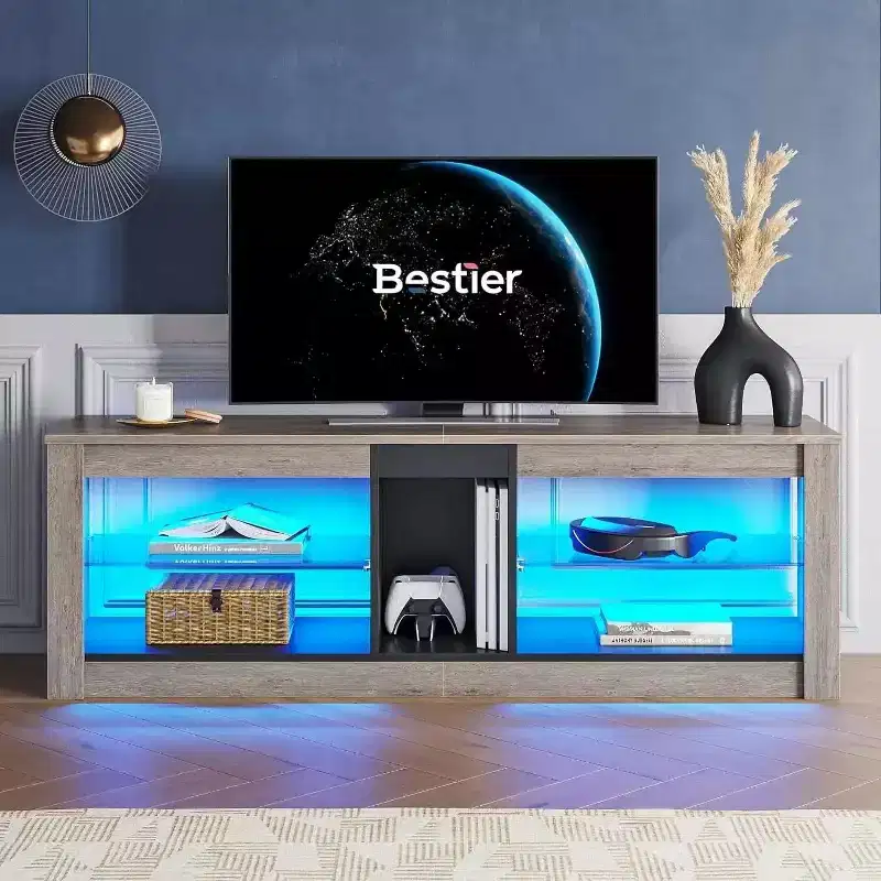 Particle Board TV Stand with Glass Shelves 18.5''H x 55.12''W x 13.78''D