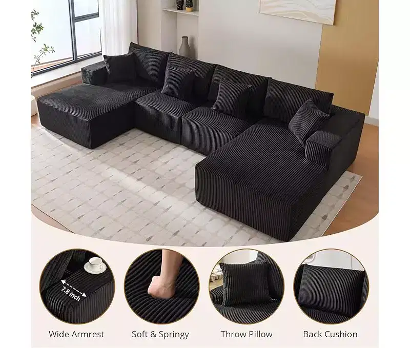 Oversized U-Shaped Modular Sectional Sofa, Modern Corduroy Upholstered Couch with Chaise, Comfy Cloud-Like Sleeper Sofa for Living Room, Black