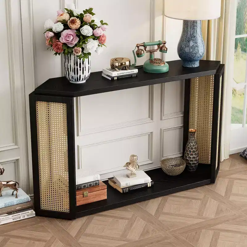 Okak 53.54IN Farmhouse Entryway Table with Hexagon Top Design, Console Table with Rattan Decorated Legs, Accent Table for Living Room, Foyer, Black