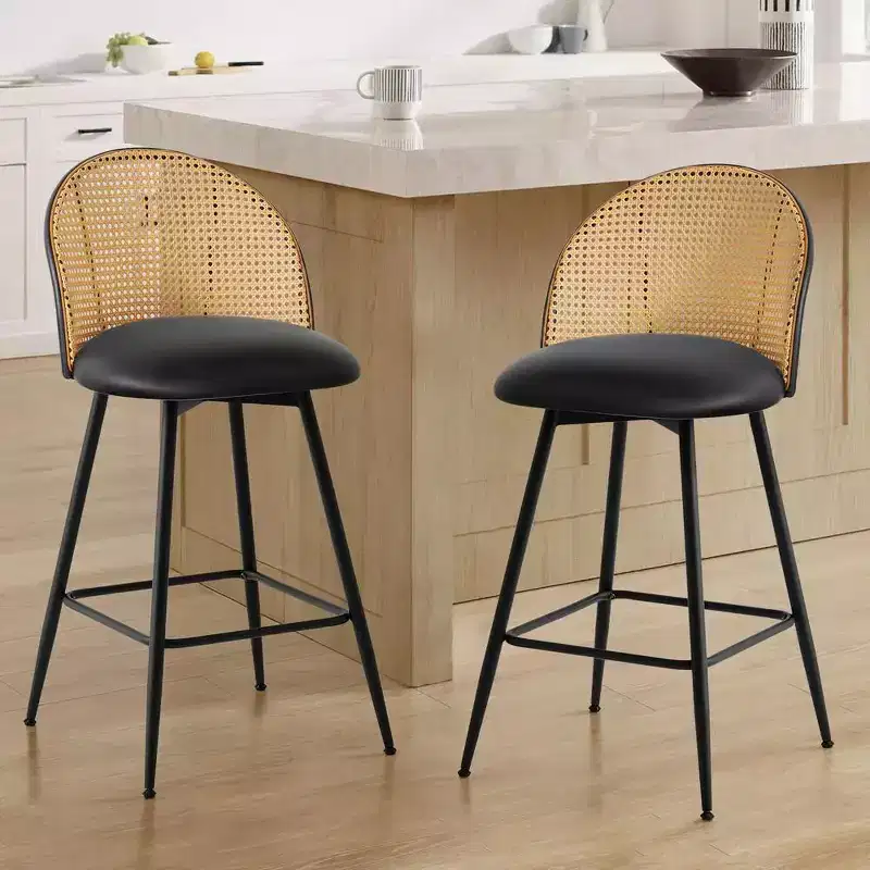 Bekrvio 29 Mid-Century Modern Swivel Bar Stools Set of 2/3/4, Faux Leather Upholstered Bar Chairs with Rattan Back & Metal Legs for Kitchen Counter