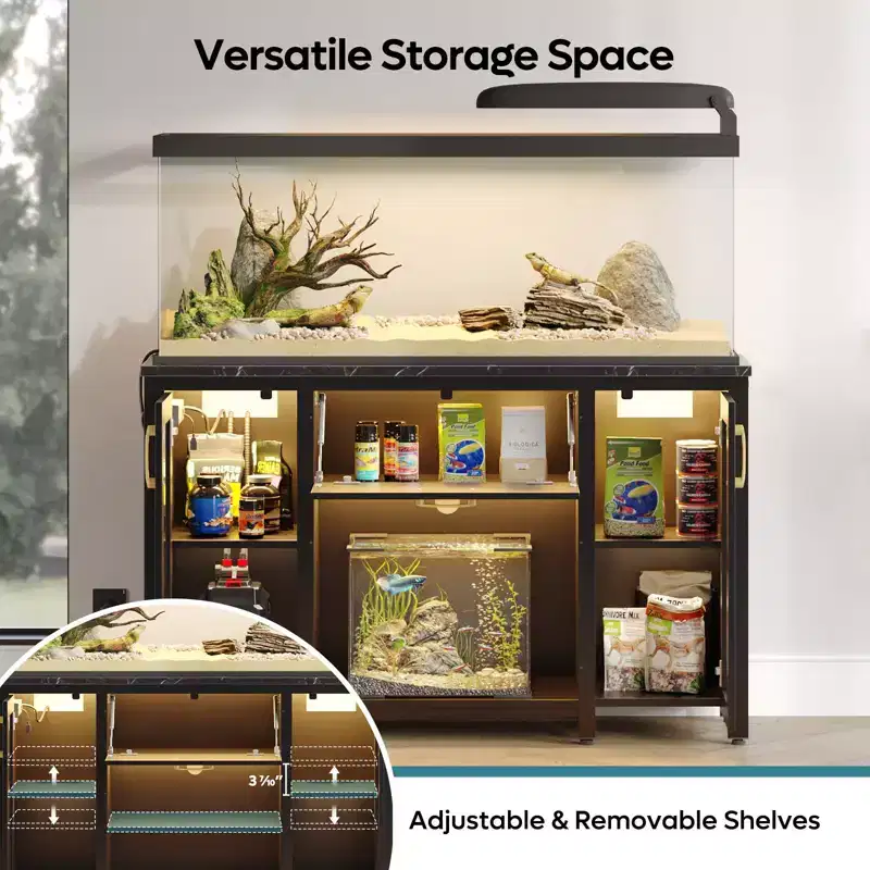 Fish Tank Stand Metal Aquarium Stand with Storage Cabinet & Power Outlets LED Light, 750lbs Capacity, Black