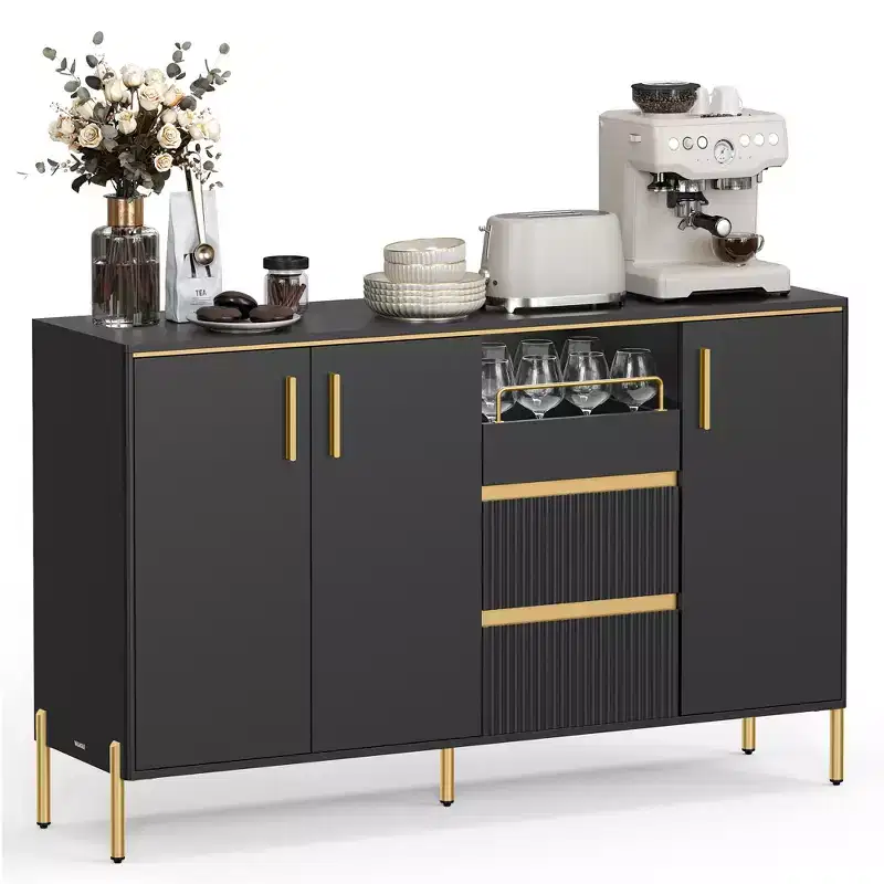 VASAGLE Buffet Cabinet with Storage, Sideboard Storage Cabinet, Kitchen Cabinet with Drawers, Adjustable Shelf, Tray, Ink Black