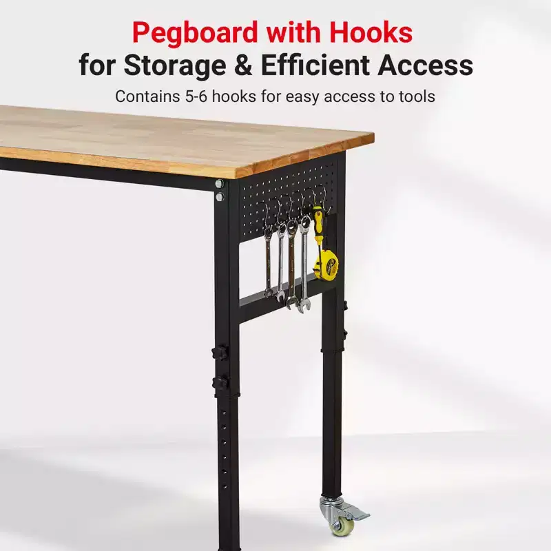 Heavy-Duty Automotive Tool Cart Steel Workbench with Rubber Wood Top Wheels and Pegboard
