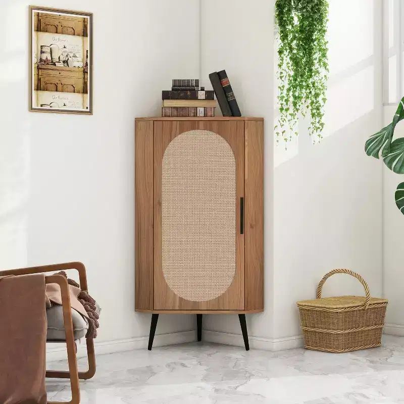 Walnut Corner Cabinet with Rattan Door, Freestanding Storage for Living Room & Small Spaces