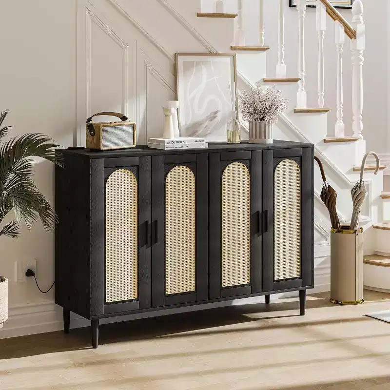 Sideboard Buffet Cabinet, 4 Rattan Doors Accent Storage Cabinet with Adjustable Shelves for Living Room