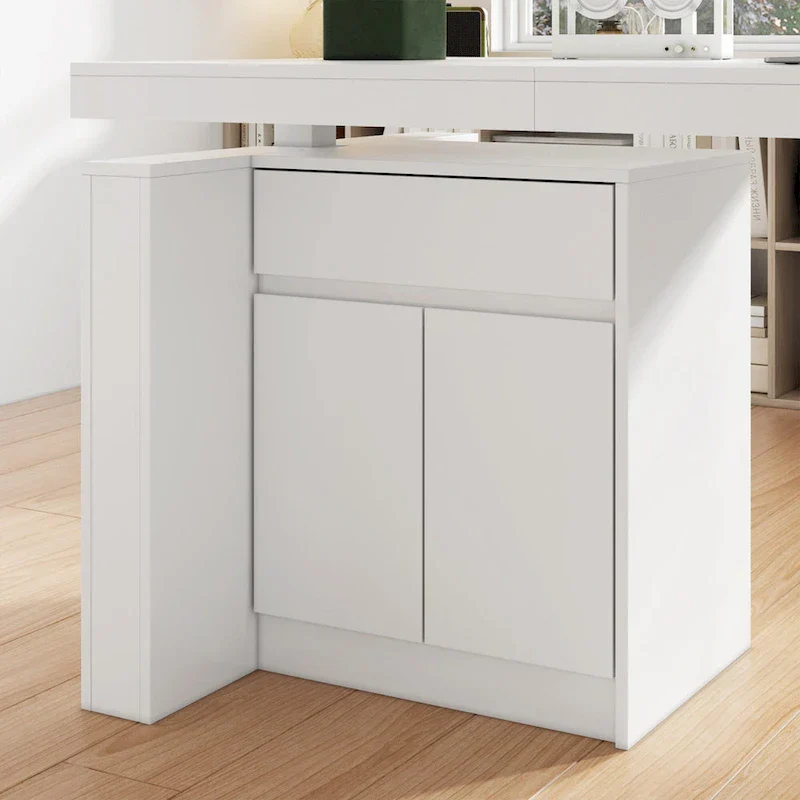 White Height-Adjustable Desk with Side Cabinet, 70.9