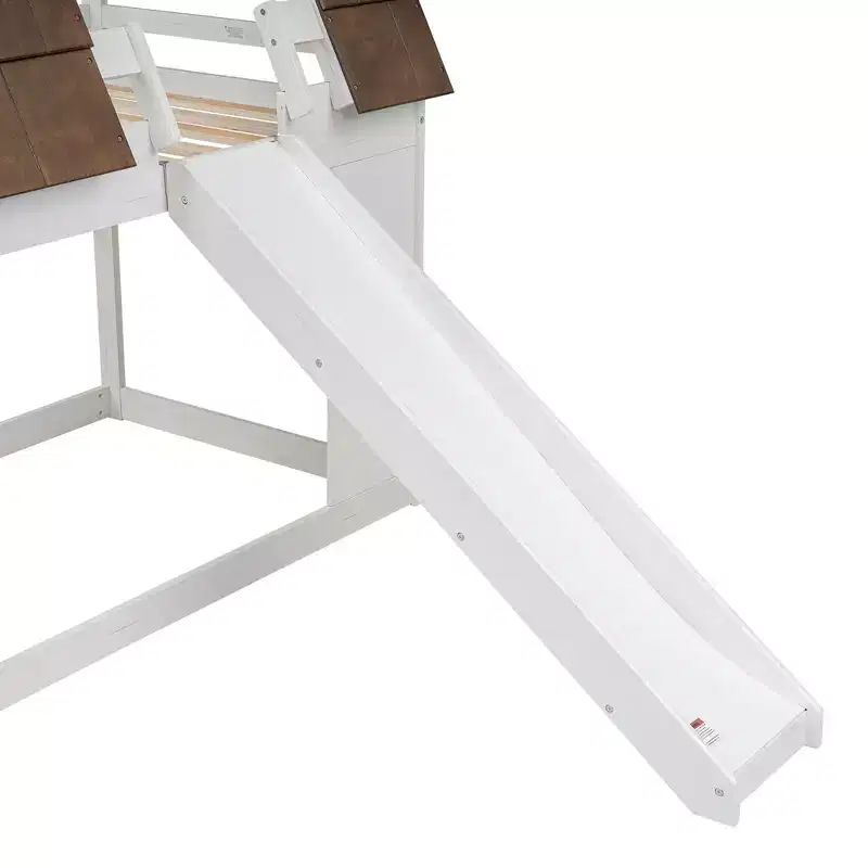 Kids Twin House Bunk Bed with Slide, Roof, Window & Ladder - Pine Wood, White & Brown