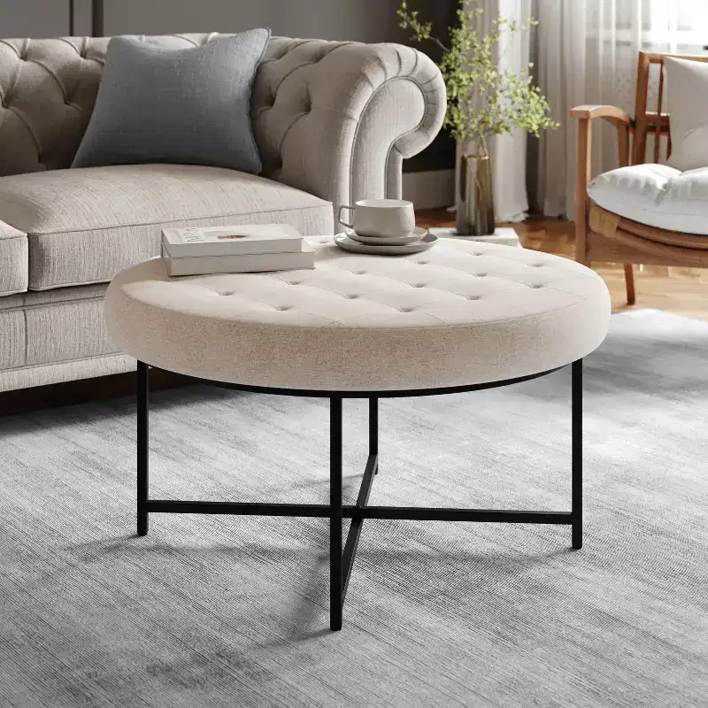 34 Round Cotton Linen Tufted Ottoman with Metal Frame