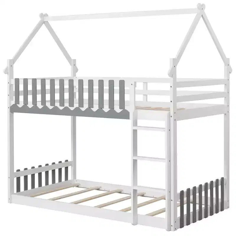 Twin Over Twin Bunk Bed with Fence & Ladder, Solid Wood Floor Bunk Bed for Kids, White
