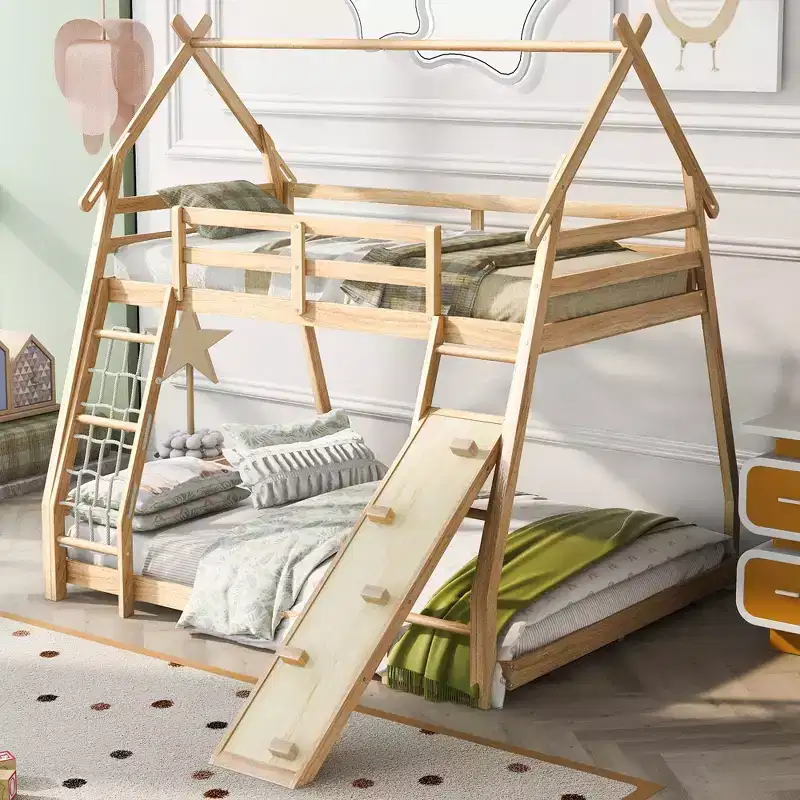TUYOHW Twin Over Queen House Bunk Bed with Climbing Nets and Climbing Ramp,Wood Bunk Bed Frame with Safety Guardrail for Kids Teens