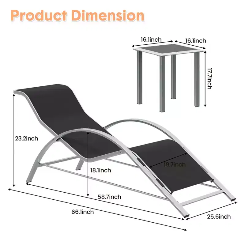 Outdoor Chaise Lounge Chairs Set of 3, Reclining Chairs, Aluminum Patio Loungers, Modern Design, Weather-Resistant, and Easy Assembly