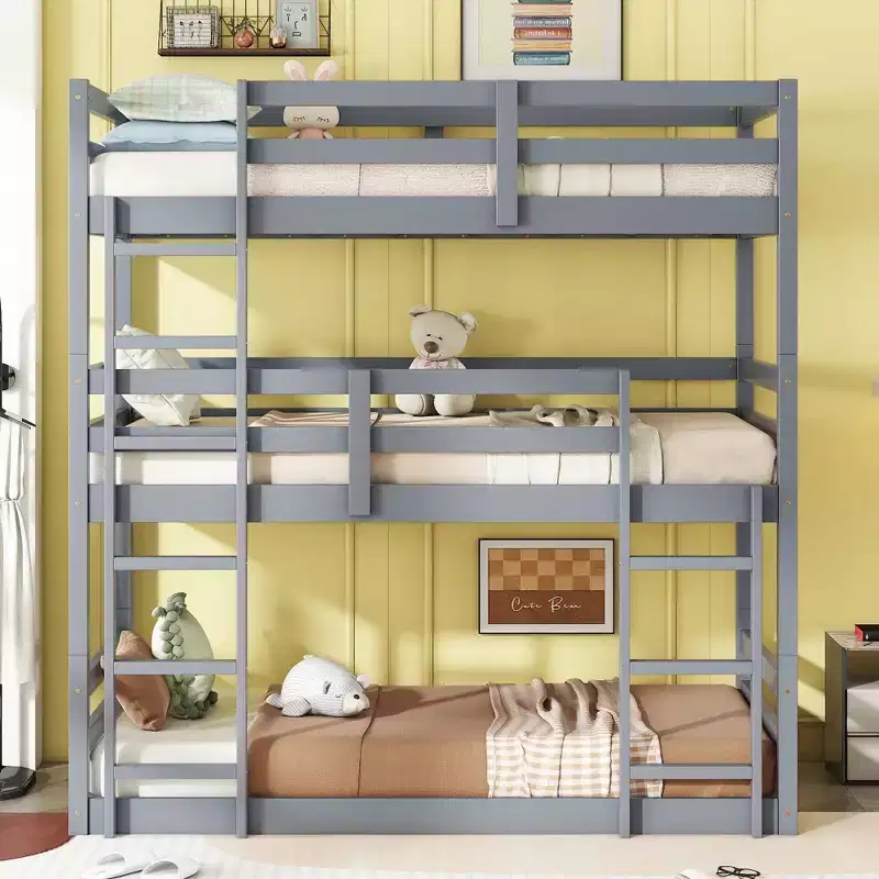 Bellemave Triple Rubber Wood Bunk Bed with Two Built-in Ladders, Guardrails, Twin over Twin over Twin, Detachable Triple Twin Bunk Bed,Grey