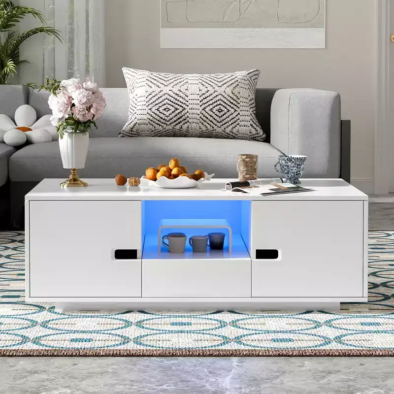 Bestier Modern High Glossy Rectangle Coffee Table, Stylish Center Table with Storage Space, Accent Furniture with 16 Color LED Lights for Living Room