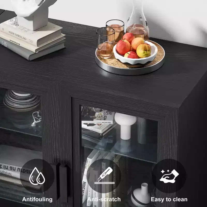 67 Black 6-Tier Display Case Bookshelf with Adjustable Shelves and 2 Glass Doors for Living Room