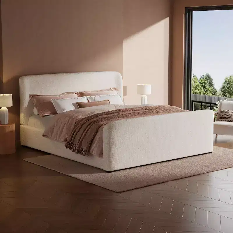 Boucle Upholstered Platform Bed with Padded Headboard and Footboard