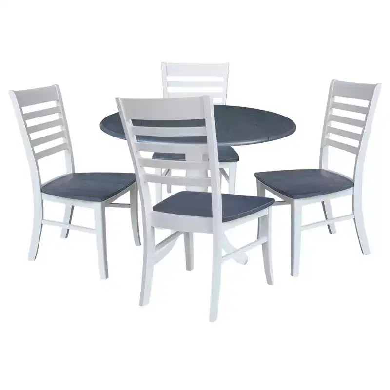 International Concepts 42 Carlisle Dual Drop Leaf Dining Table with 4 Ladderback Chairs White/Heather Gray: Hardwood Frame, Pedestal Base