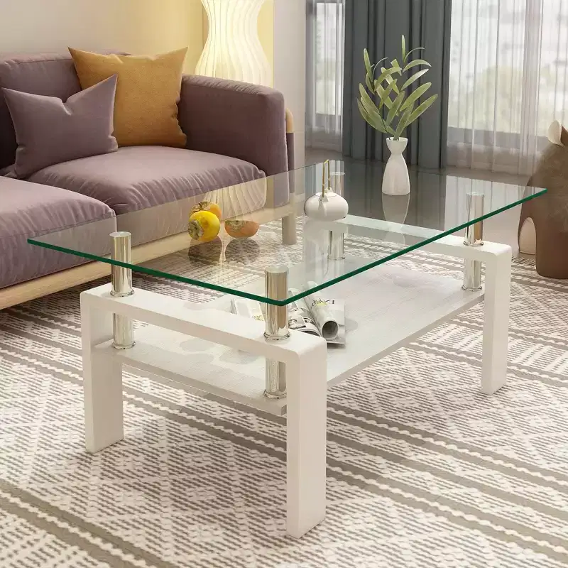 Fun little toys brand Rectangle Coffee Table, Tempered Glass Tabletop with MDF Layer, Modern Table for Living Room , Transparent Glass