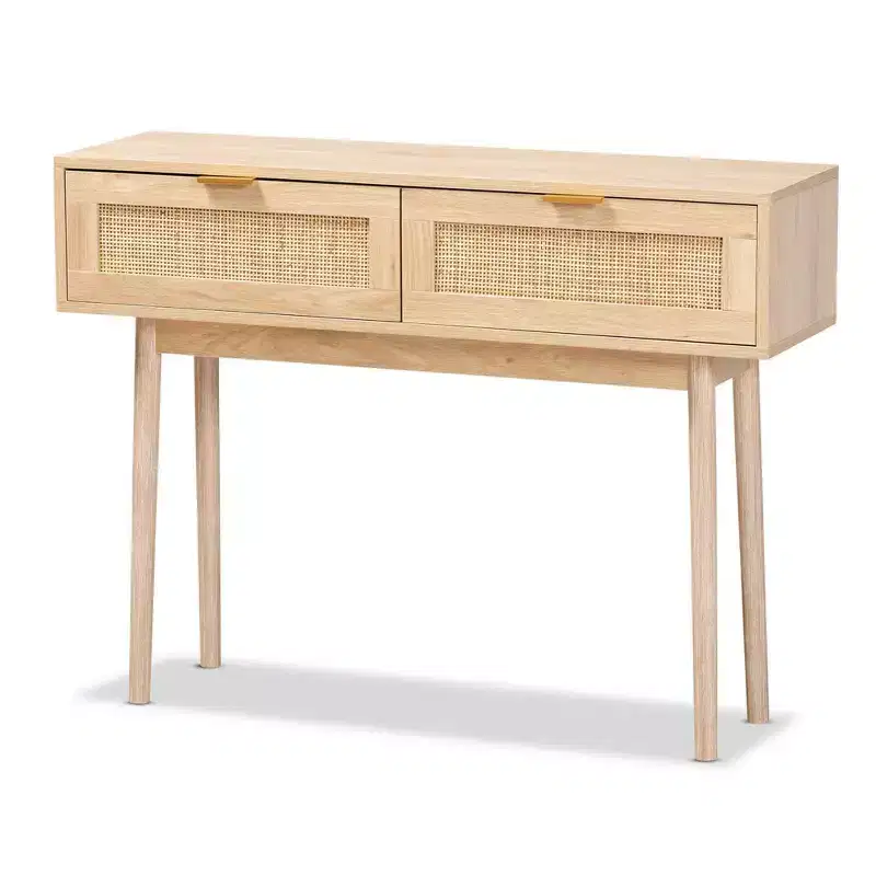 Wood and Rattan 2-Drawer Console Table, Brown with Gold Handles