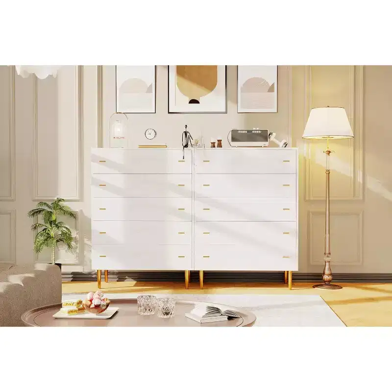 Bedroom vanity with spacious drawers and bar handles, featuring a natural wood grain finish. Suitable for living rooms, hallways, and entryways.