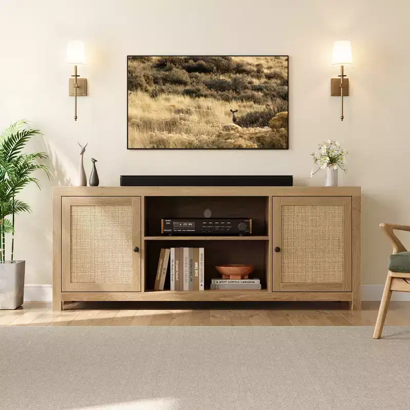 Farmhouse TV Stand, TV Entertainment Center with Doors Adjustable Shelves, Modern TV Media Console for Living Room, Bedroom, Oak