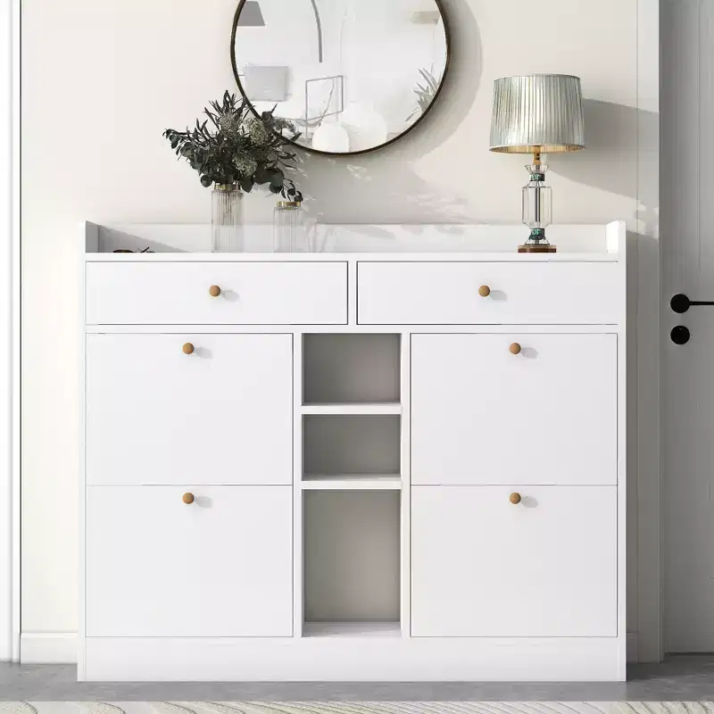 JVNOXK Modern Flip-Top Shoe Cabinet with 4 Flip-Drawers, Multi-Functional Freestanding Double-Layer Shoe Rack, for Entryway Hallway, White