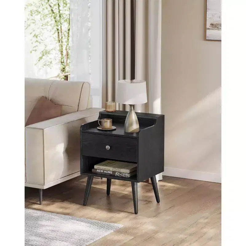Nightstands, Set of 2, Bedside Tables with Hidden Drawers, Mid-Century End Tables with Solid Wood Legs