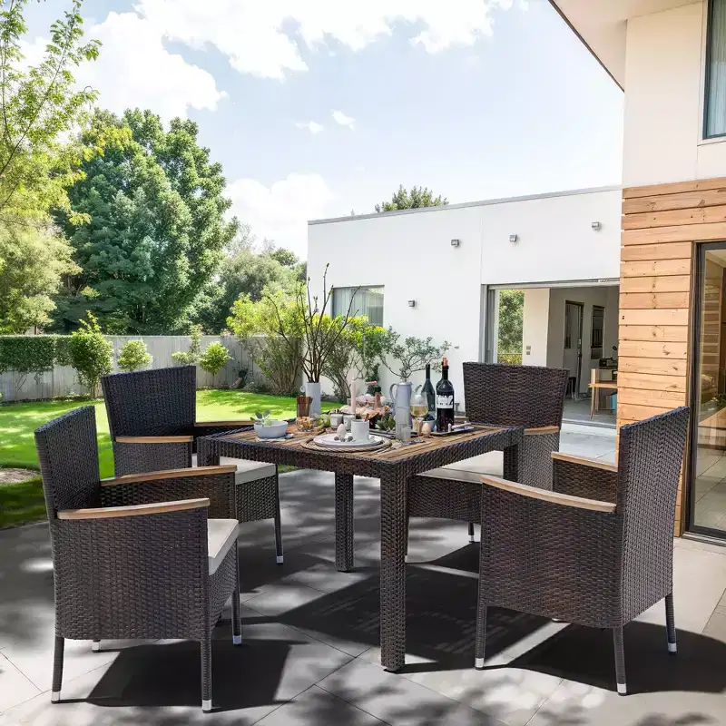 Celebalcony 5 Piece Patio Dining Set, Wicker Patio Conversation Set with Wooden Table Top, Outdoor Table and Chairs with Cushions for Backyard