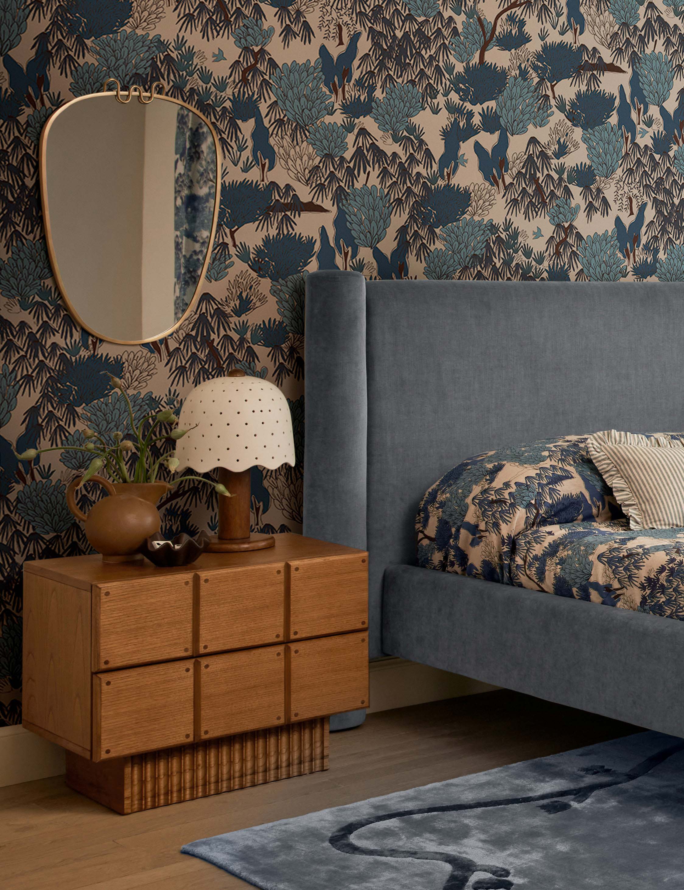 Nightstand Modern, Plinth Base The nightstand offers visual intrigue and natural grain warmth with its blockwork detailing and fluted plinth base