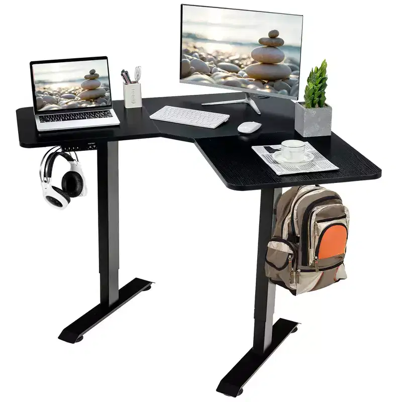 L Shaped Electric Adjustable Standing Desk w/ Controller 2 Hooks Black\Rustic