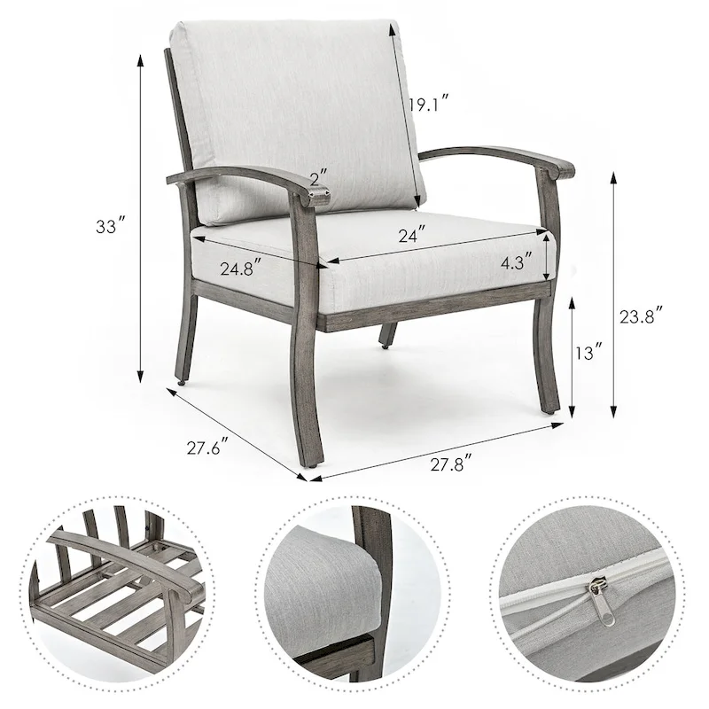 6-Piece Aluminum Patio Conversation Set with Coffee Table, Loveseat, Ottoman and Light Gray Cushions