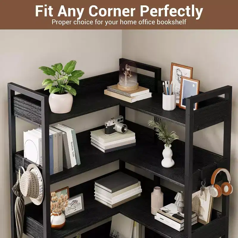 5-Tier Corner Bookshelf with Hooks,Wooden Bookcase with Open Shelves and Metal Frame for Home Office