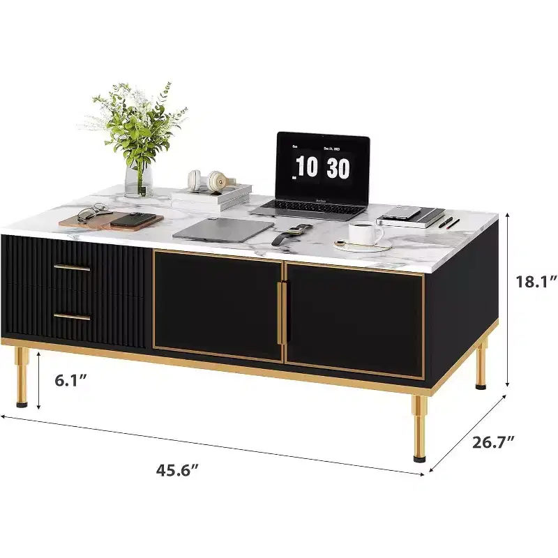 Rectangle Faux Marble Coffee Table, Wooden Fluted Cocktail Table with Drawers & Metal Legs, Modern Center Table for Living Room, Bedroom