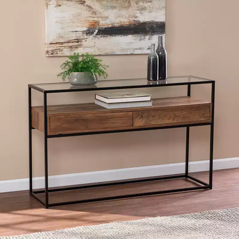 Glass-Top Console Table with Storage - Brown