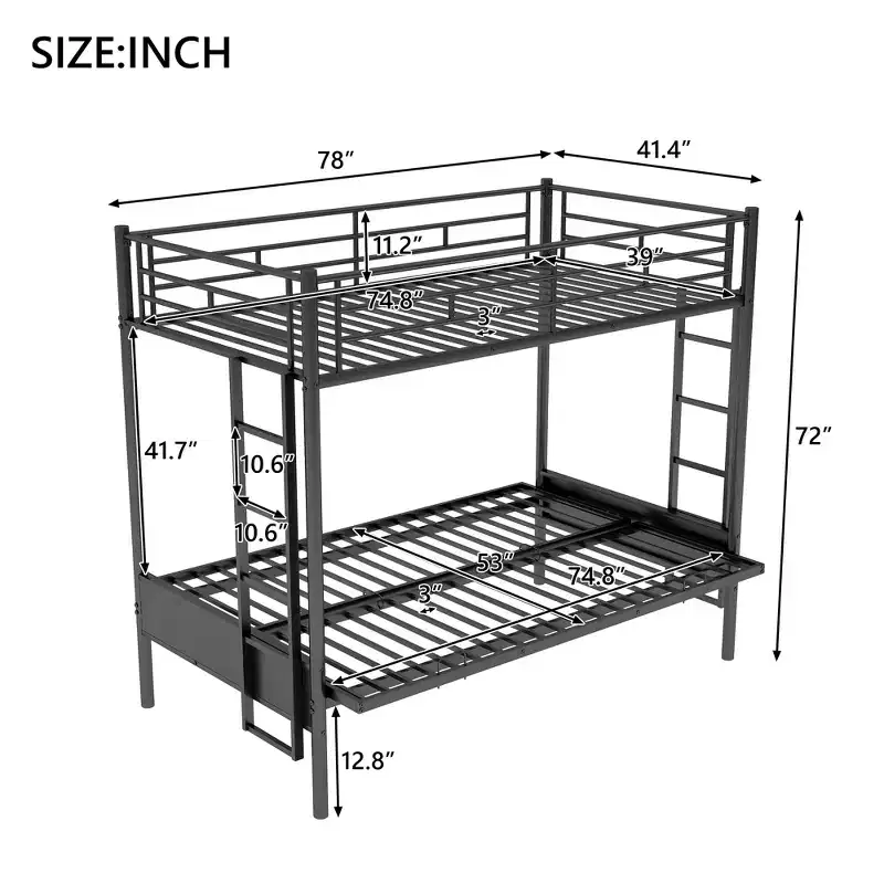 Twin over Full Metal Bunk Bed with Adjustable Lower Bunk – Black, Multi-Function