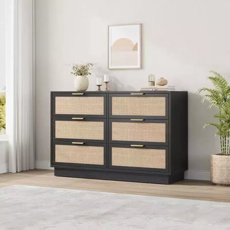 6 Drawer Rattan Dresser for Bedroom, Wood Chest of Drawers with Metal Handle, Modern Versatile Organizer for Bedroom, Entryway, Hallway