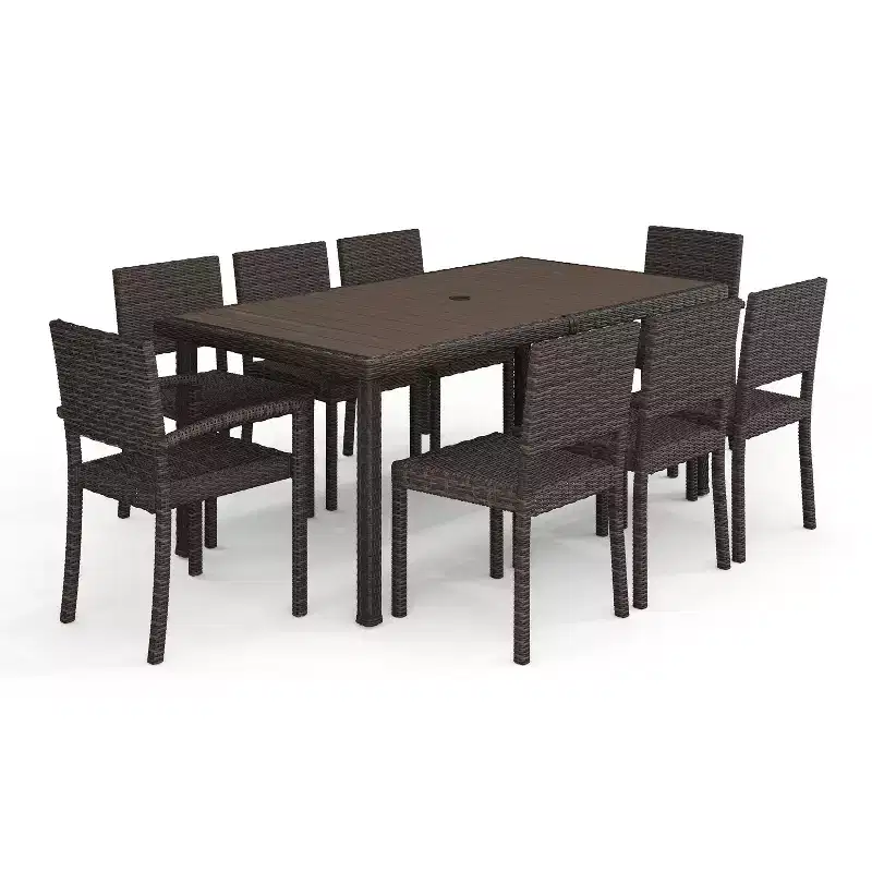 Martha Stewart Bedford 9-Piece Indoor-Outdoor Dining Set with 8 Stackable Dining Chairs and 71 Patio Table with Engineered Wood Top in Rattan Wicker