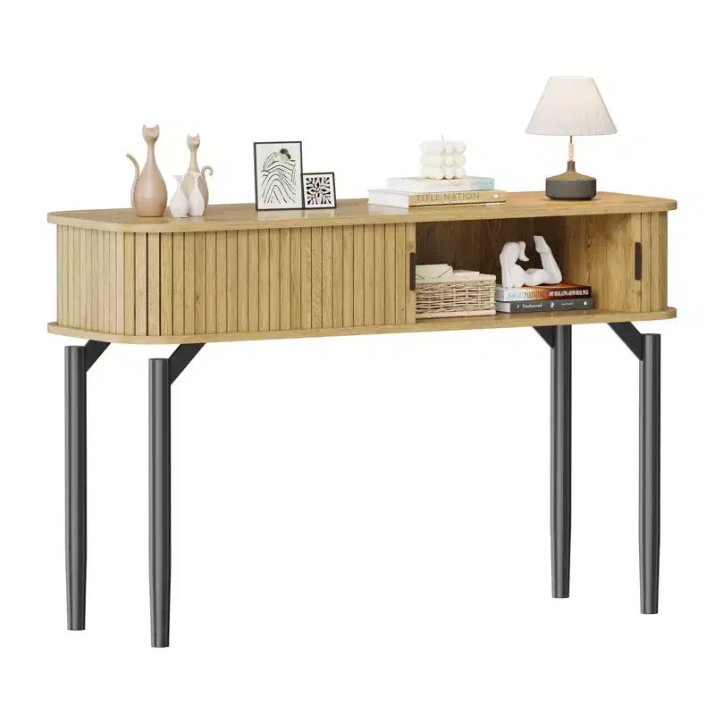 Modern Fluted Console Table - 47'' Narrow Entryway or Sofa Table with Sliding Doors & Drawers - Open Shelf Storage - Oak Walnut Finish