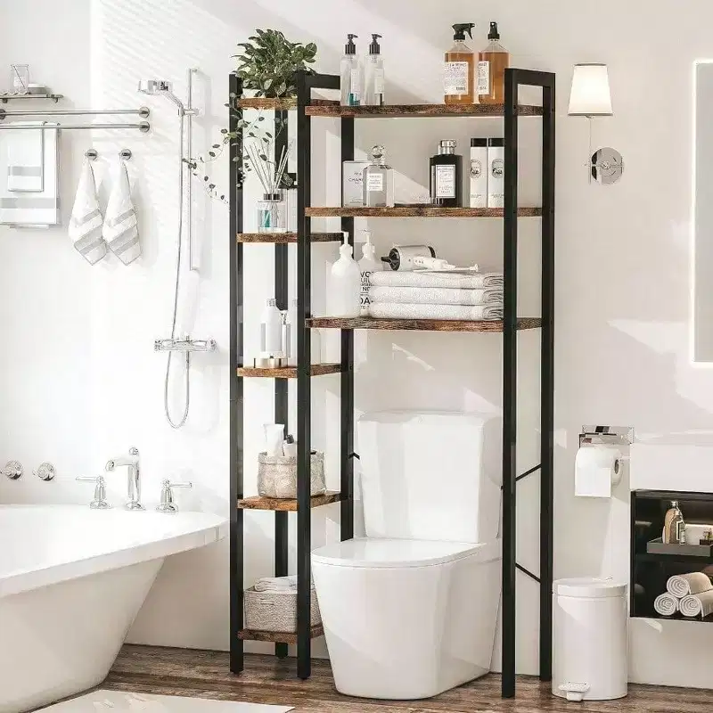 Over Toilet Storage with 8 - Tier Shelf Mass - Storage Side Open Rack Freestanding Bathroom Organizer Vintage Brown