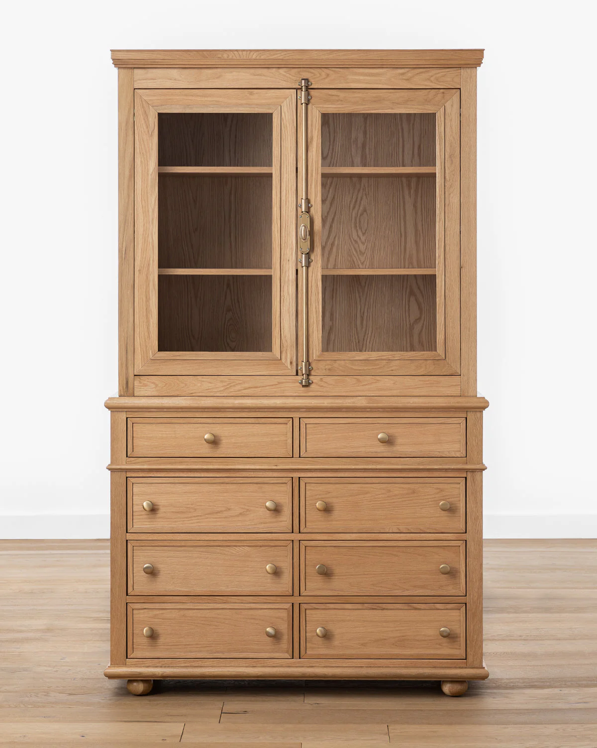 Traditional Oak Cabinet with Glass Doors & Round Pulls for Living Room