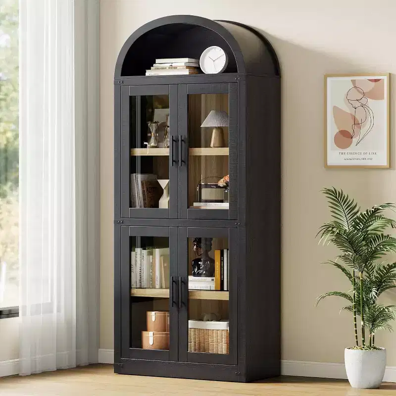 72 Arched Bookshelf with 4 Doors - Modern Farmhouse Bookcase with Open Shelf for Living Room & Bedroom (Black)