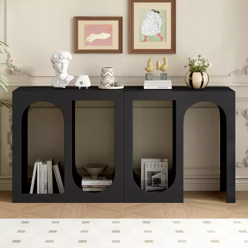 Modular Console Table, Narrow Long Sideboard Table, Foyer Table Entryway Table with Rectangular Exterior and Curved Design for Living Room, Black