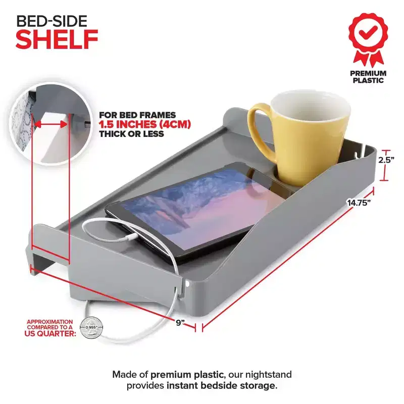 Bedside Shelf with Cord and Cup Holder, Dark Gray (12 Pack)