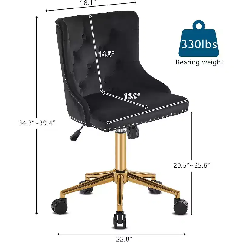 VINGLI Black Velvet Armless Home Office Desk Chair with Gold Base/Wheels, Small Cute Vanity/Makeup Chairk, Upholstered Adjustable Swivel Nail Chair