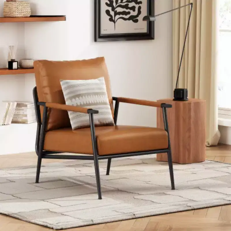 Mid-Century Modern Chair: Brown Faux Leather, Metal Frame, Wood Arms - for Living Room, Bedroom, Office
