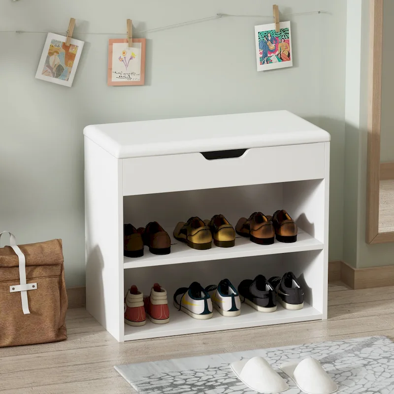 24W Shoe Storage Bench W/Sponge Cushion Living Room Seating Shoe Cabinet