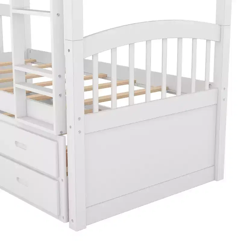 Twin over Twin Wood Bunk Bed with Ladder, Trundle & 3 Drawers – 400 lbs