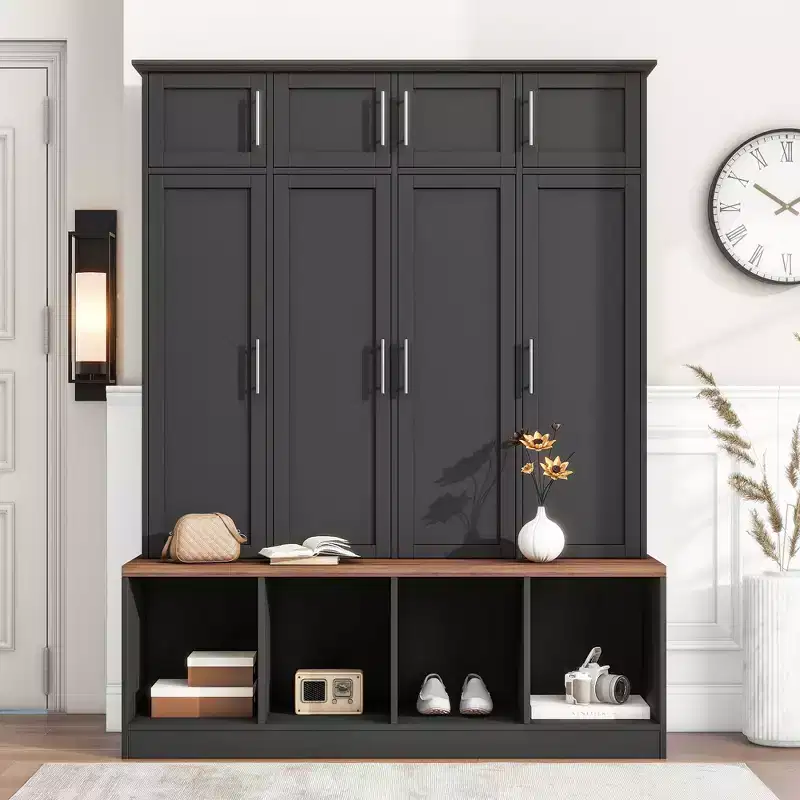 Entryway Hall Tree with Bench, 8 Cabinets, 4 Shoe Compartments & 4 Hooks, Black Mudroom Organizer
