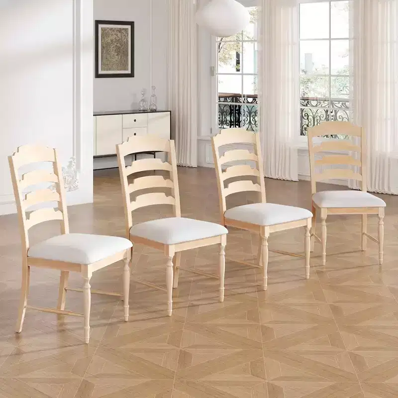 4-Piece Vintage Upholstered Dining Chairs, Serrated Backs, Dining Room, Natural