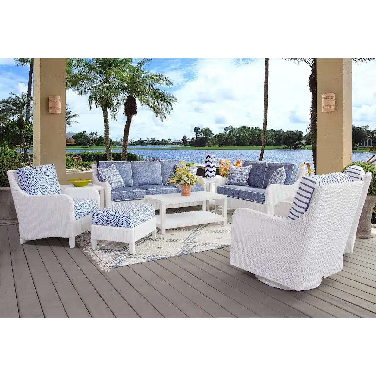 Outdoor Ottoman White PE Rattan Coastal Patio Accent Piece