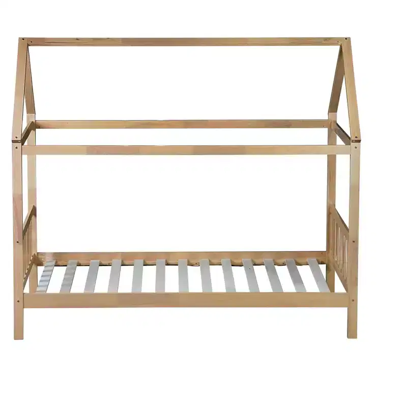 Twin Rubber Wood Bed with House Frame Beige